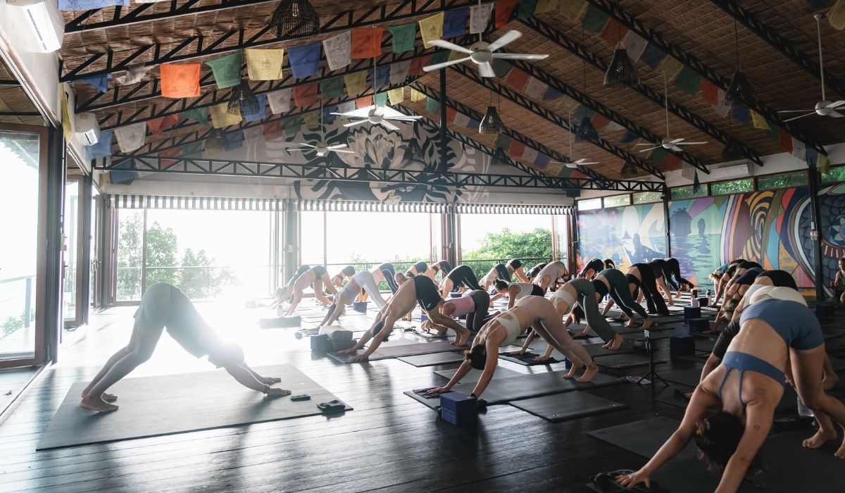 Group yoga class in a spacious, decorated studio practicing downward dog pose with natural light and colorful flags overhead.