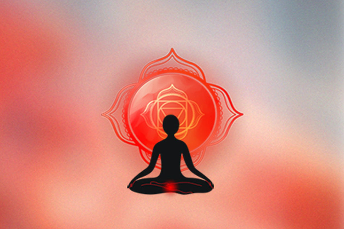 A silhouetted figure in meditation is set against a glowing red chakra symbol, symbolizing energy and spiritual awakening.
