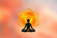 Silhouetted figure meditating in lotus position, with a glowing orange mandala behind, set against a soft, blurred pastel background.