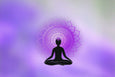 Silhouette of a meditating figure against a soft purple gradient background, with a mandala pattern radiating behind.