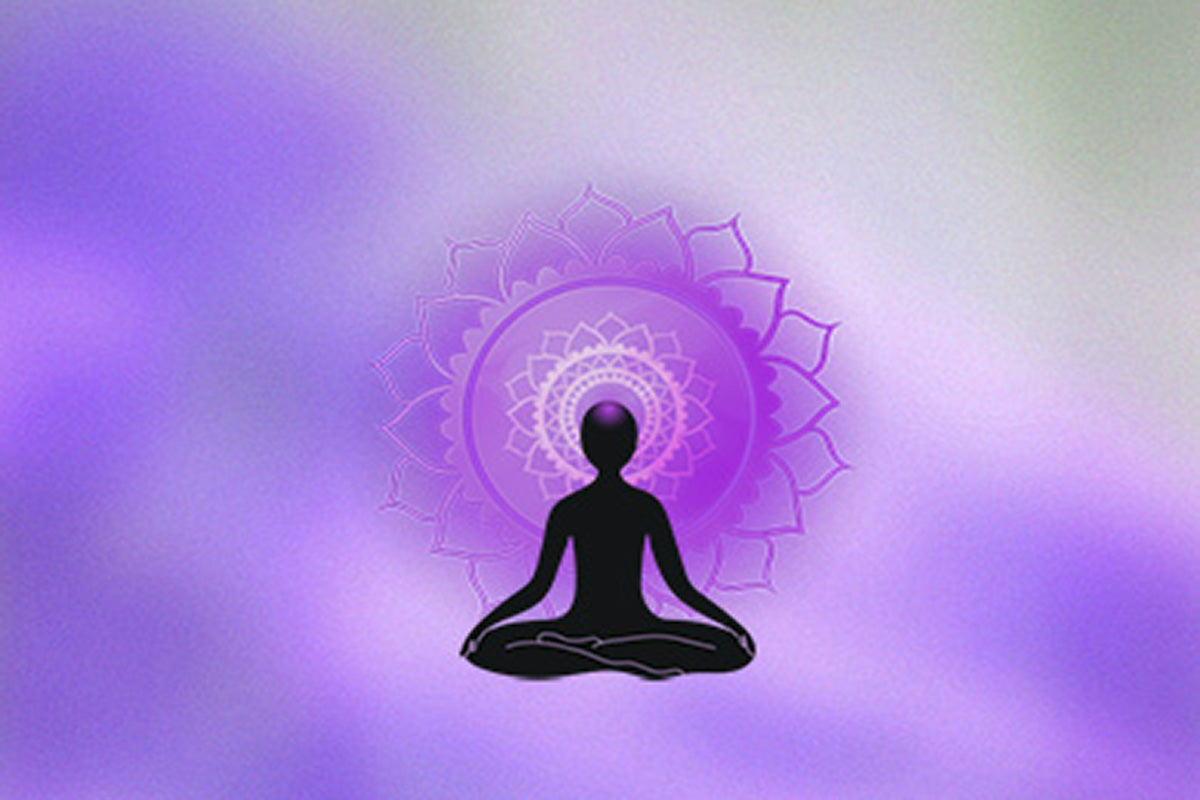 Silhouette of a meditating figure against a soft purple gradient background, with a mandala pattern radiating behind.