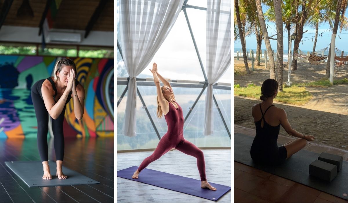 Three women practicing yoga in different settings: indoor stretch, indoor warrior pose, and outdoor meditation by the beach.
