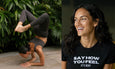 A woman performs a yoga pose, balancing on her hands with legs raised, surrounded by lush green foliage.